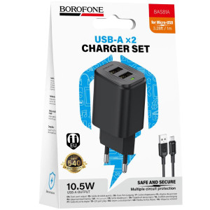 МЗП Borofone BAS81A Star 10.5W (2USB-A) + кабель USB to MicroUSB – Чорний