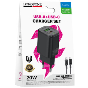 МЗП Borofone BAS83A Star PD20W+QC3.0 (1USB-A/1C) + кабель Type-C to Type-C – Чорний