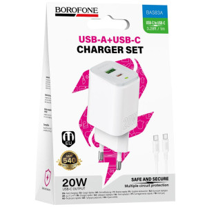 МЗП Borofone BAS83A Star PD20W+QC3.0 (1USB-A/1C) + кабель Type-C to Type-C – Білий