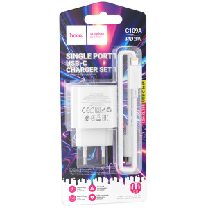 СЗУ Hoco C109A Fighter PD20W+QC3.0 (1USB-A/1C) + кабель Type-C to Lightning – Белый