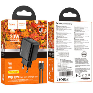СЗУ Hoco CS23A Sunlight PD30W+QC3.0 (1USB-A/1C) + кабель Type-C to Type-C – Черный