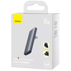 СЗУ Baseus GaN5 Pro Ultra-Slim PD65W+QC3.0 (1USB-A/1C) + кабель Type-C to Type-C (CCGP15011) – Серый