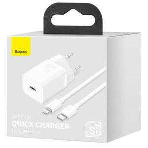 СЗУ Baseus Super Si Quick Charger PD20W (1USB-C) + кабель Type-C to Lightning (TZCCSUP-B) – Белый