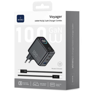 СЗУ WIWU CHG300 Voyager PD100W+QC3.0 (1USB-A/2C) + кабель Type-C to Type-C – Серый
