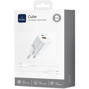 СЗУ WIWU G018 Cube PD33W+QC3.0 GaN (1USB-A/1C) + кабель Type-C to Lightning – Белый