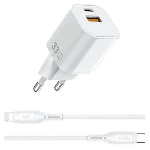 СЗУ WIWU G018 Cube PD33W+QC3.0 GaN (1USB-A/1C) + кабель Type-C to Lightning – Белый