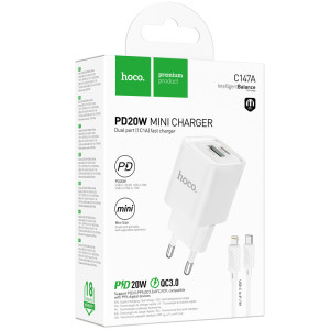 СЗУ Hoco C147A PD20W+QC3.0 (1USB-A/1C) + кабель Type-C to Lightning