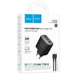 МЗП Hoco C160A Upgrade PD65W+QC3.0 (1USB-A/2C) + кабель Type-C to Type-C