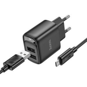 СЗУ Hoco C141A Smart 2.1A (2USB-A) + кабель USB to MicroUSB – Черный