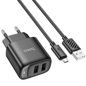 СЗУ Hoco C141A Smart 2.1A (2USB-A) + кабель USB to MicroUSB – Черный