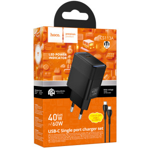 СЗУ Hoco CS113A Lounge PD40W (1USB-C) + кабель Type-C to Type-C – Черный