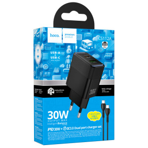 СЗУ Hoco CS112A Lounge PD30W+QC3.0 (1USB-A/1C) + кабель Type-C to Type-C – Черный
