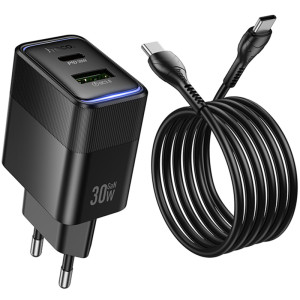 СЗУ Hoco CS112A Lounge PD30W+QC3.0 (1USB-A/1C) + кабель Type-C to Type-C – Черный