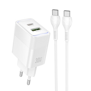 СЗУ Hoco CS112A Lounge PD30W+QC3.0 (1USB-A/1C) + кабель Type-C to Type-C – Белый