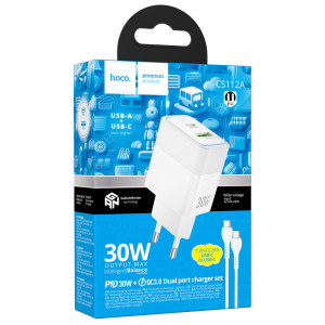 СЗУ Hoco CS112A Lounge PD30W+QC3.0 (1USB-A/1C) + кабель Type-C to Type-C – Белый