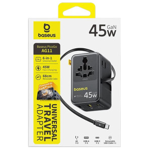 Сетевой универсальный переходник Baseus AG11 45W with retractable cable (2USB-A/1C/1Socket) (E0307F) – Черный