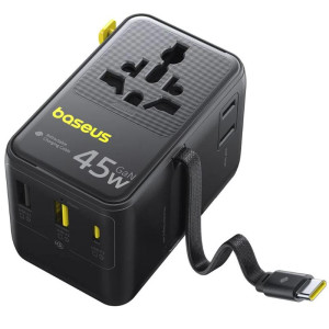 Сетевой универсальный переходник Baseus AG11 45W with retractable cable (2USB-A/1C/1Socket) (E0307F) – Черный