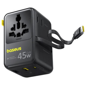 Сетевой универсальный переходник Baseus AG11 45W with retractable cable (2USB-A/1C/1Socket) (E0307F) – Черный