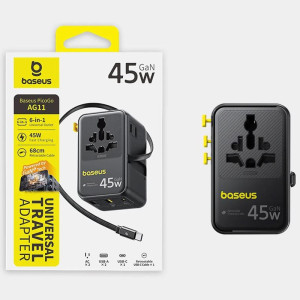 Сетевой универсальный переходник Baseus AG11 45W with retractable cable (2USB-A/1C/1Socket) (E0307F) – Черный