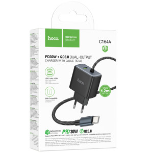 СЗУ Hoco C164A New PD30W+QC3.0 (1USB-A/1C) + встроенный кабель Type-C – Черный