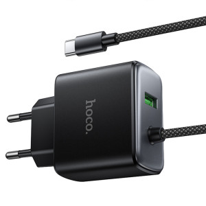 СЗУ Hoco C164A New PD30W+QC3.0 (1USB-A/1C) + встроенный кабель Type-C – Черный