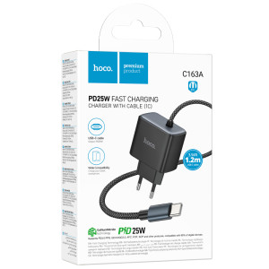 СЗУ Hoco C163A New PD25W (1USB-C) + встроенный кабель Type-C – Черный