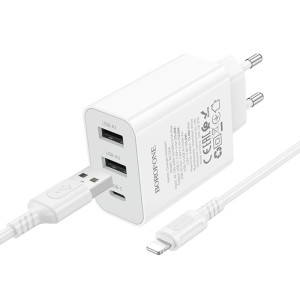 МЗП Borofone BA105A Stellar 15W (2USB-A/1C) + кабель USB to Lightning – Білий