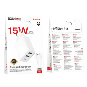 МЗП Borofone BA105A Stellar 15W (2USB-A/1C) + кабель USB to Lightning – Білий