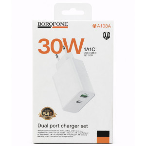 МЗП Borofone BA108A Stellar PD30W+QC3.0 (1USB-A/1C) – Білий
