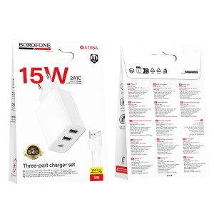 МЗП Borofone BA105A Stellar 15W (2USB-A/1C) + кабель USB to MicroUSB – Білий