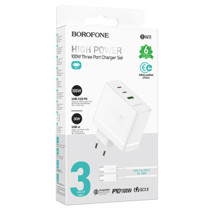 МЗП Borofone BN11 Imperial PD100W+QC3.0 (1USB-A/2C) + кабель Type-C to Type-C – Білий