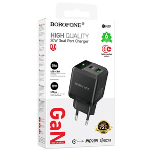 МЗП Borofone BN19 Intenso PD20W+QC3.0 (1USB-A/1C) – Чорний