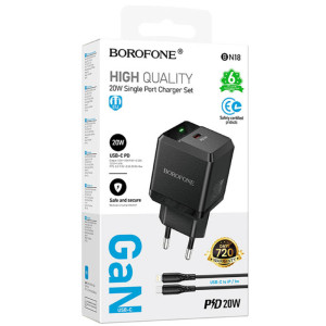 МЗП Borofone BN18 Intenso PD20W (1USB-C) + кабель Type-C to Lightning – Чорний