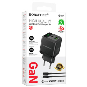 МЗП Borofone BN19 Intenso PD20W+QC3.0 (1USB-A/1C) + кабель Type-C to Lightning – Чорний