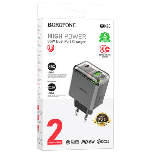 МЗП Borofone BN20 Lena PD35W+QC3.0 (1USB-A/1C) – Сірий