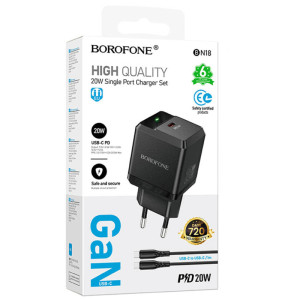 МЗП Borofone BN18 Intenso PD20W (1USB-C) + кабель Type-C to Type-C – Чорний