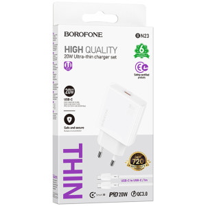 МЗП Borofone BN23 Wish PD20W (1USB-C) + кабель Type-C to Type-C – Білий