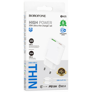 МЗП Borofone BN25 Wish PD30W+QC3.0 (1USB-A/1C) + кабель Type-C to Lightning – Білий