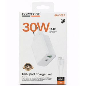 МЗП Borofone BA108A Stellar PD30W+QC3.0 (1USB-A/1C) + кабель Type-C to Type-C – Білий