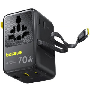 Сетевой универсальный переходник Baseus CG11 70W with retractable cable (2USB-A/3C/1Socket) (E0307E) – Черный