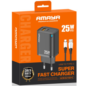 СЗУ Amaya E215D PD25W+QC3.0 (1USB-A/1C) + кабель USB to Type-C – Черный
