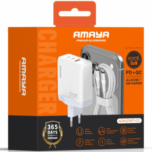 СЗУ Amaya E780T PD45W+QC3.0 GaN (1USB-A/2C) + кабель Type-C to Type-C – Белый
