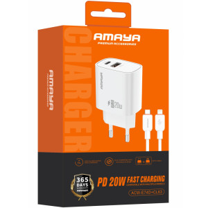 СЗУ Amaya E74D PD20W+QC3.0 (1USB-A/1C) + кабель Type-C to Lightning – Белый