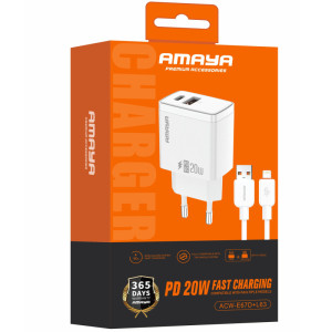 СЗУ Amaya E67D PD20W+QC3.0 (1USB-A/1C) + кабель USB to Lightning – Белый