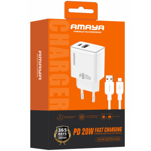СЗУ Amaya E67D PD20W+QC3.0 (1USB-A/1C) + кабель USB to Type-C – Белый